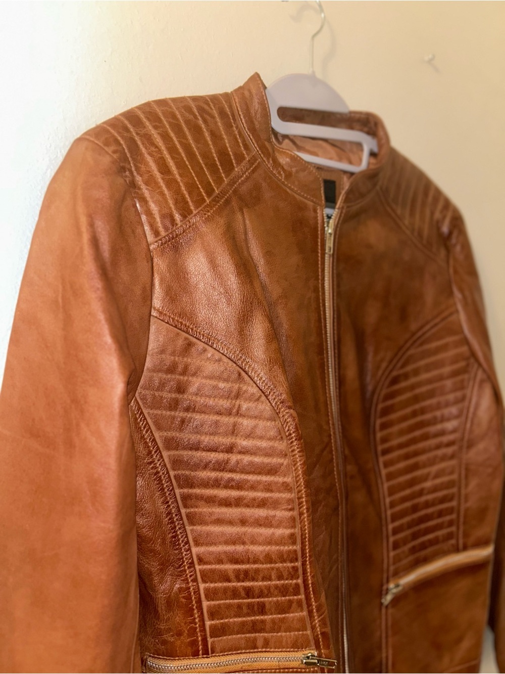 Women's Cognac Leather Moto Jacket with Quilted Panels